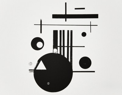 A black and white geometric design with circles and lines