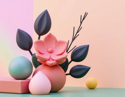 A pink flower sits atop a vase with leaves and branches