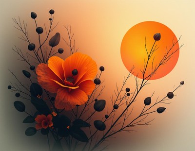 A single orange poppy blooms under a bright orange sunset