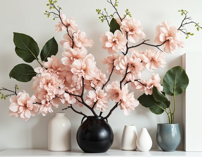 Pink cherry blossoms in a black vase on a white shelf
