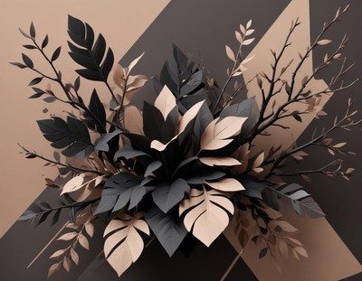 Black and tan leaves arranged on a geometric background