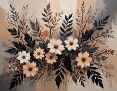 A painting of a bouquet of flowers with dark leaves