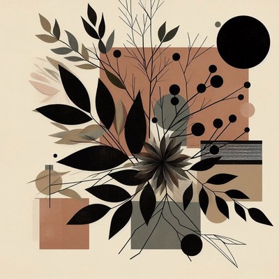 Abstract art with black leaves, flowers, and shapes