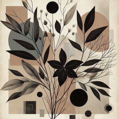 Black flower with leaves on beige background