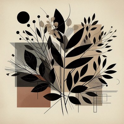 Modern botanical design with black leaves, shapes