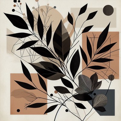 Black leaves and geometric shapes in a digital illustration