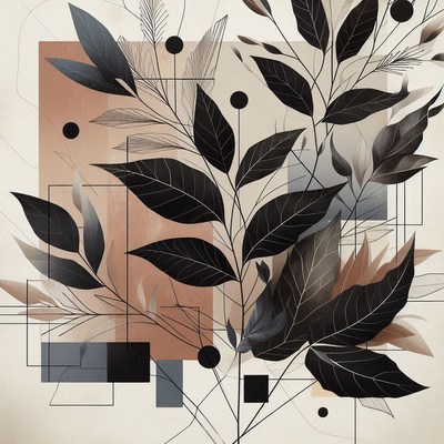 Black leaves with geometric patterns in a modern art style