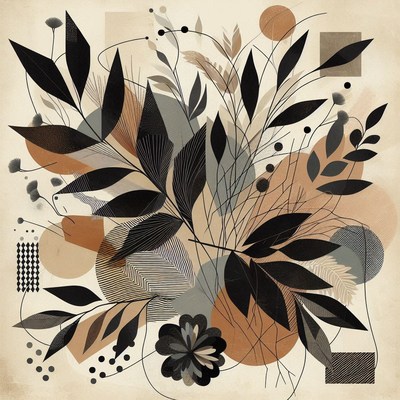 Modern floral design: black leaves, geometric shapes