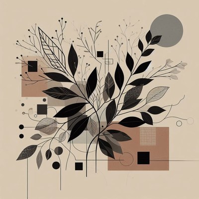 Botanical art with black leaves on beige background