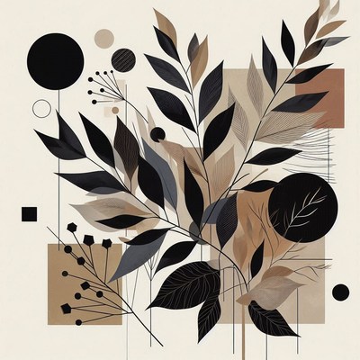 A black and brown leaf illustration with geometric shapes