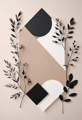 Black branches frame a geometric design in soft tones