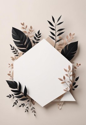 Black and gray leaves surround a white hexagon