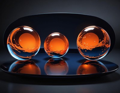 Three glass spheres with orange liquid on black