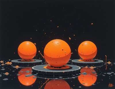 Three orange spheres rest on platforms