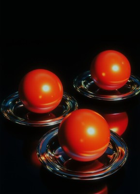 Three glossy red spheres sit on top of shiny silver plates