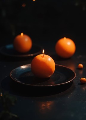 A lit candle on a dark plate with blurred candles