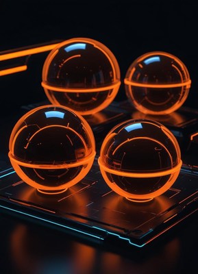 Four glowing orbs rest on a dark surface