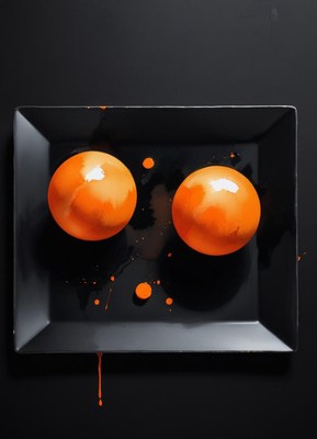 Two oranges on a black tray with orange paint splatters