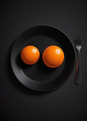 Two oranges on a black plate with a fork