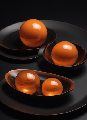 Orange spheres sit on black plates