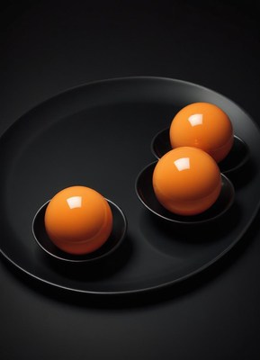 Three orange spheres sit on black plates
