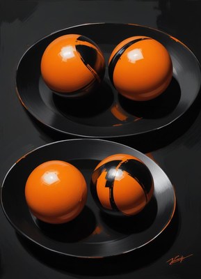 Four orange spheres on two black plates