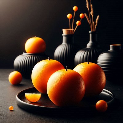 Oranges and black vases on a dark surface