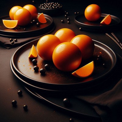 Oranges and blackberries on a black plate