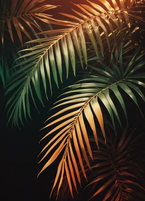 Golden palm leaves shine against a dark background