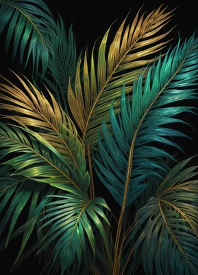 Golden and green palm leaves against a dark background