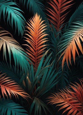 Green and orange palm leaves in a tropical forest