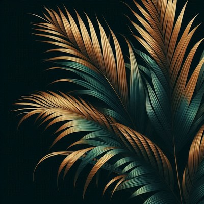 Golden and green palm leaves against a black background