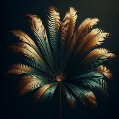 A single palm leaf in gold and green hues