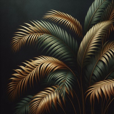 Golden and green palm leaves against a dark background