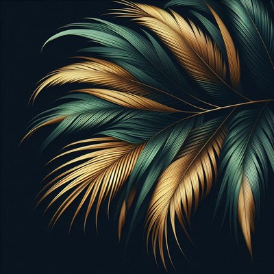 Golden and green palm leaves against a dark background