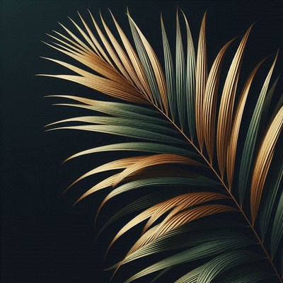 A golden palm frond against a dark background