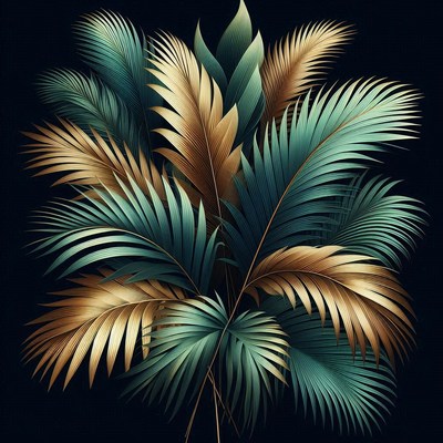 Golden and green palm leaves on a black background