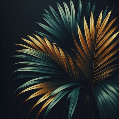 Golden and green palm leaves against a dark background