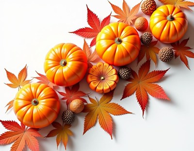 Four pumpkins and fall leaves on a white background