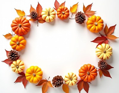 A circle of pumpkins and fall leaves on a white background