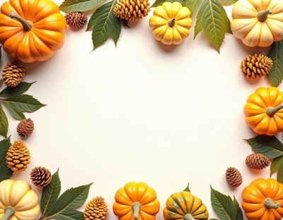 Pumpkins, pine cones, and leaves create a fall frame