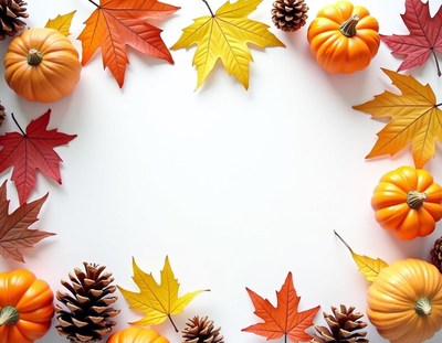 Pumpkins, leaves, and pine cones create a fall frame