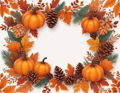 Pumpkins and pine cones create a festive autumn wreath