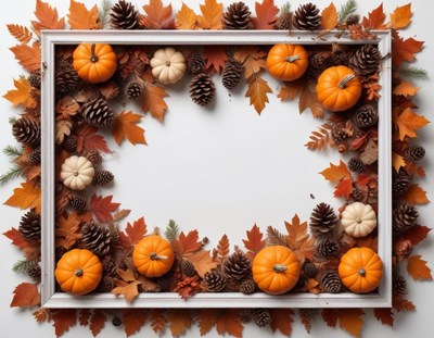 A white frame with fall leaves and pumpkins