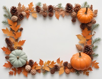 Fall leaves, pine cones, and pumpkins make a festive frame