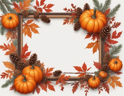 Rustic fall frame with pumpkins and leaves