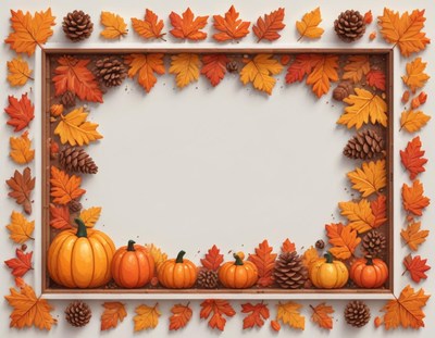 A white frame with fall leaves and pumpkins