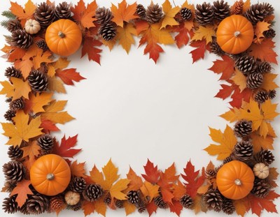 Fall leaves and pumpkins frame a white background