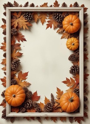 Autumn frame with pumpkins, pine cones, and leaves