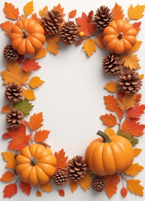 Pumpkins and pine cones create a festive fall frame